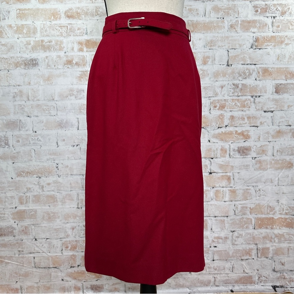 True Vintage 1980s Solid Print Virgin Wool Midi Pencil Skirt with Matching Belt